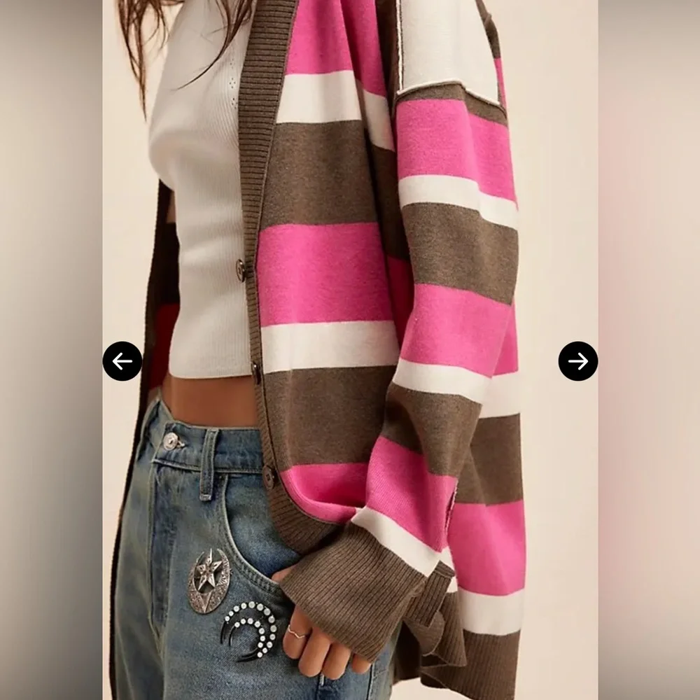 Free People League Of Her Own Cardigan XS‎ Pink Brown Stripe Preppy Slouchy NWOT